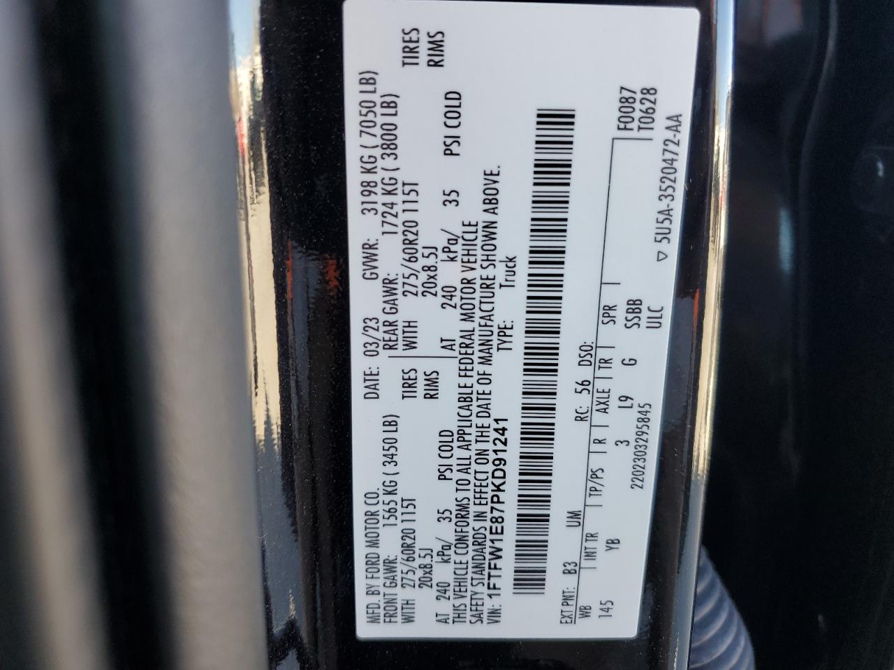 2023 Ford F150 Supercrew VIN: 1FTFW1E87PKD91241 Lot: 90309425