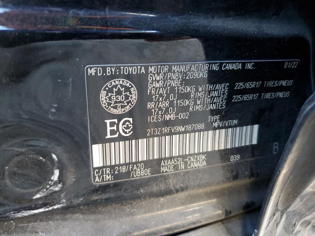 2022 Toyota Rav4 Le VIN: 2T3Z1RFV9NW187088 Lot: 85821575