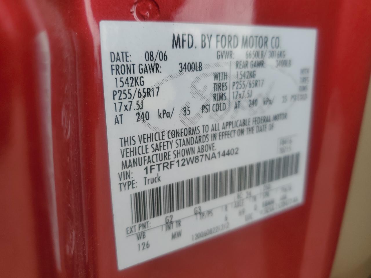 2007 Ford F150 VIN: 1FTRF12W87NA14402 Lot: 85708225