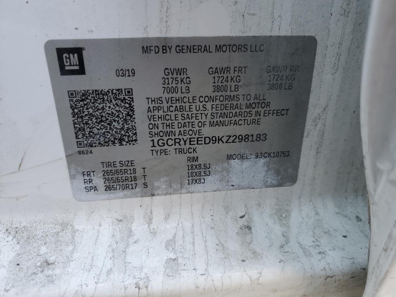 2019 Chevrolet Silverado K1500 Rst VIN: 1GCRYEED9KZ298183 Lot: 86286995