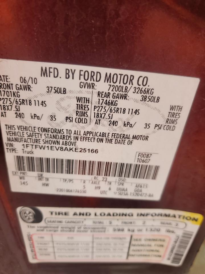 2010 Ford F150 Supercrew VIN: 1FTFW1EV8AKE25166 Lot: 85304275