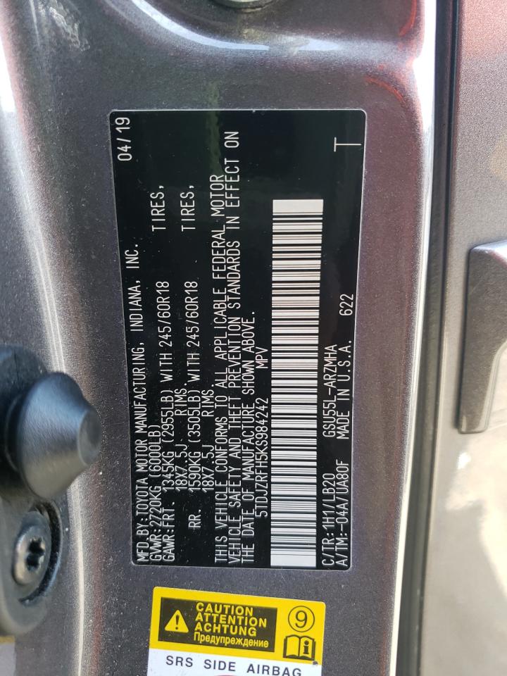 2019 Toyota Highlander Se VIN: 5TDJZRFH5KS984242 Lot: 84782175