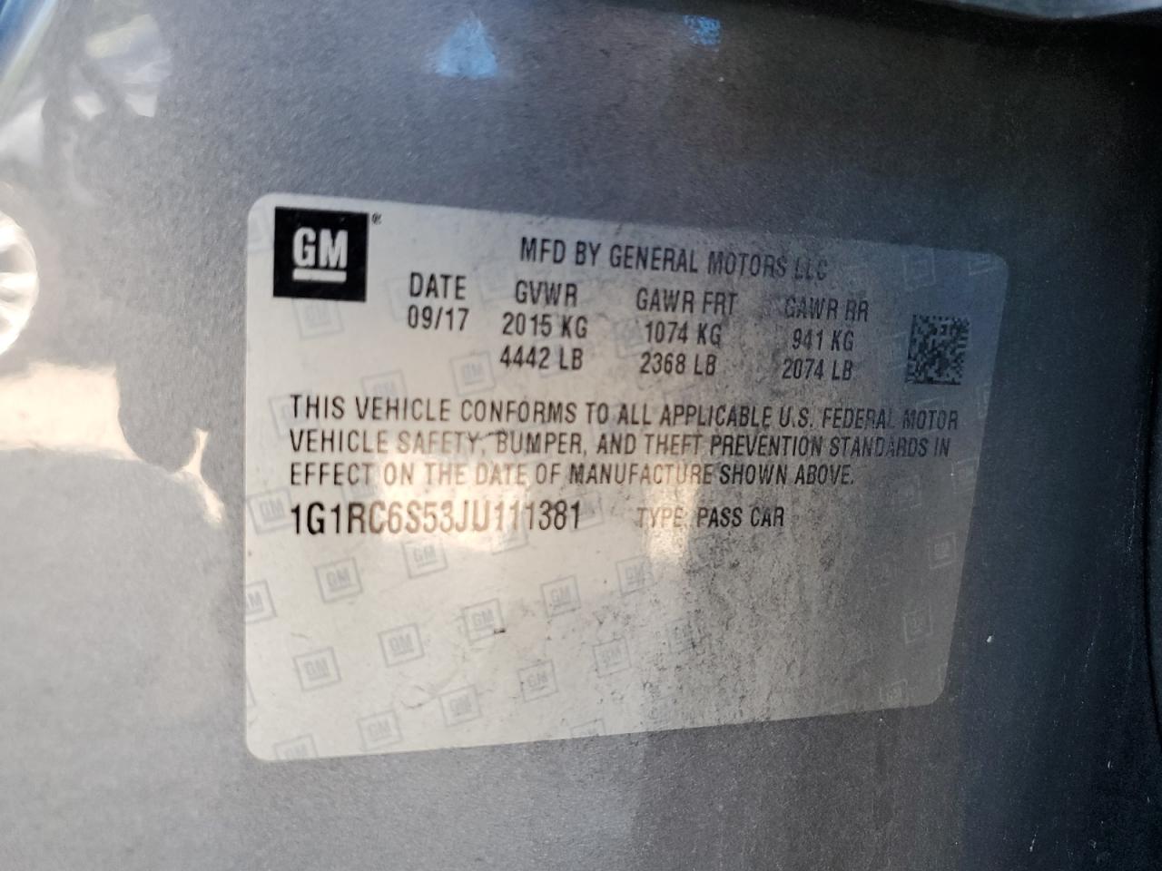 2018 Chevrolet Volt Lt VIN: 1G1RC6S53JU111381 Lot: 70136425