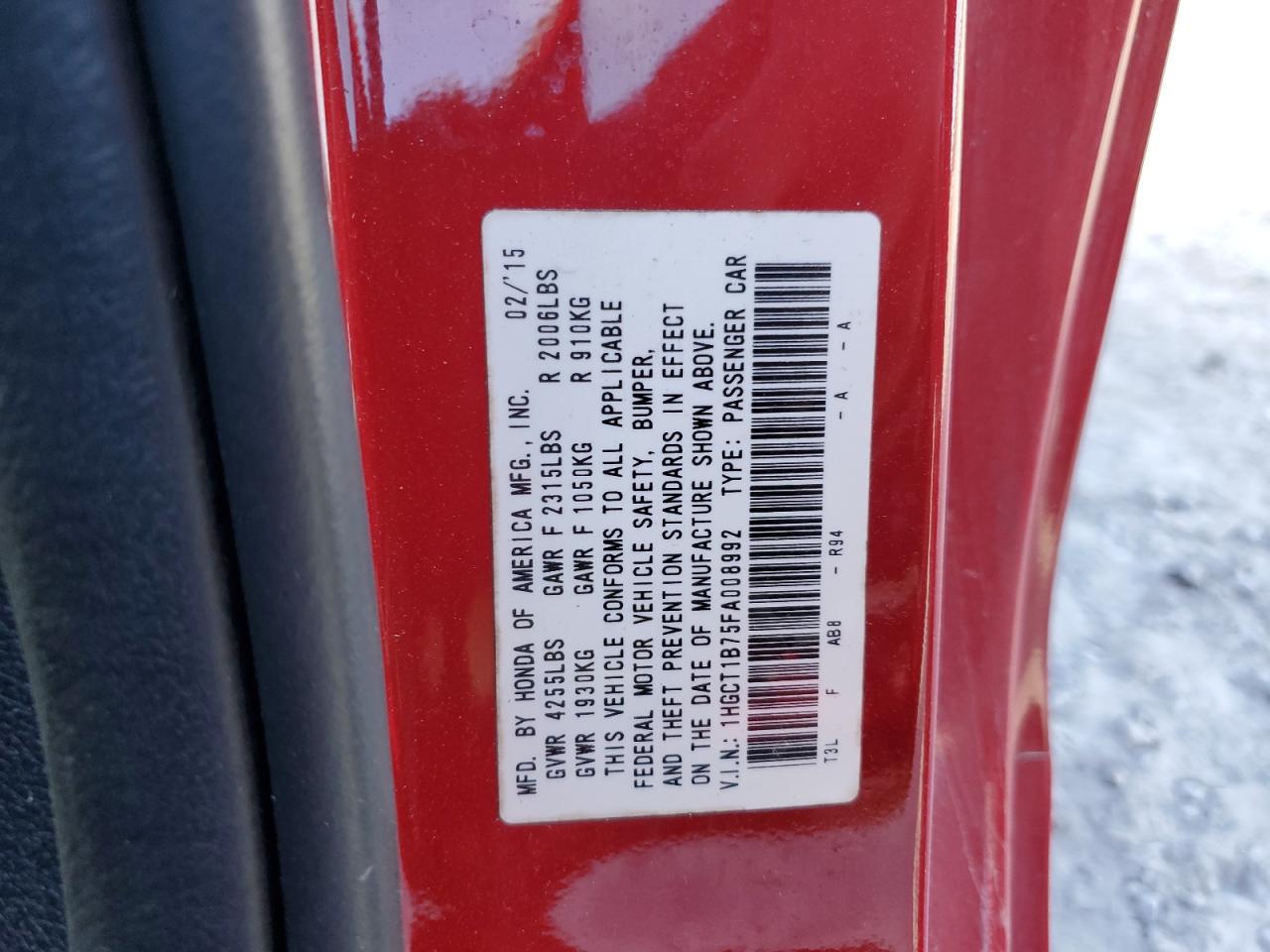 2015 Honda Accord Ex VIN: 1HGCT1B75FA008992 Lot: 85939835