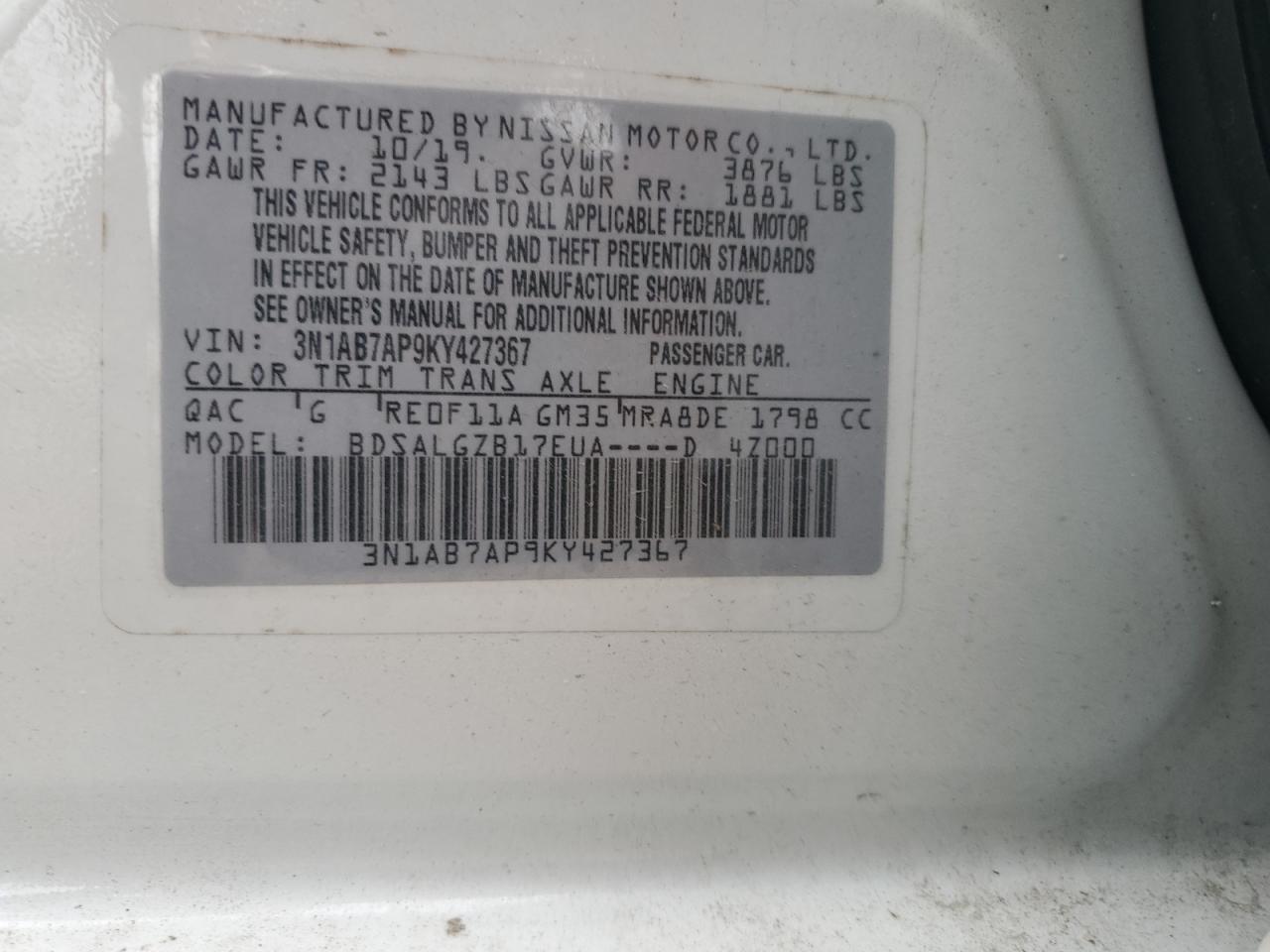 2019 Nissan Sentra S VIN: 3N1AB7AP9KY427367 Lot: 85702155