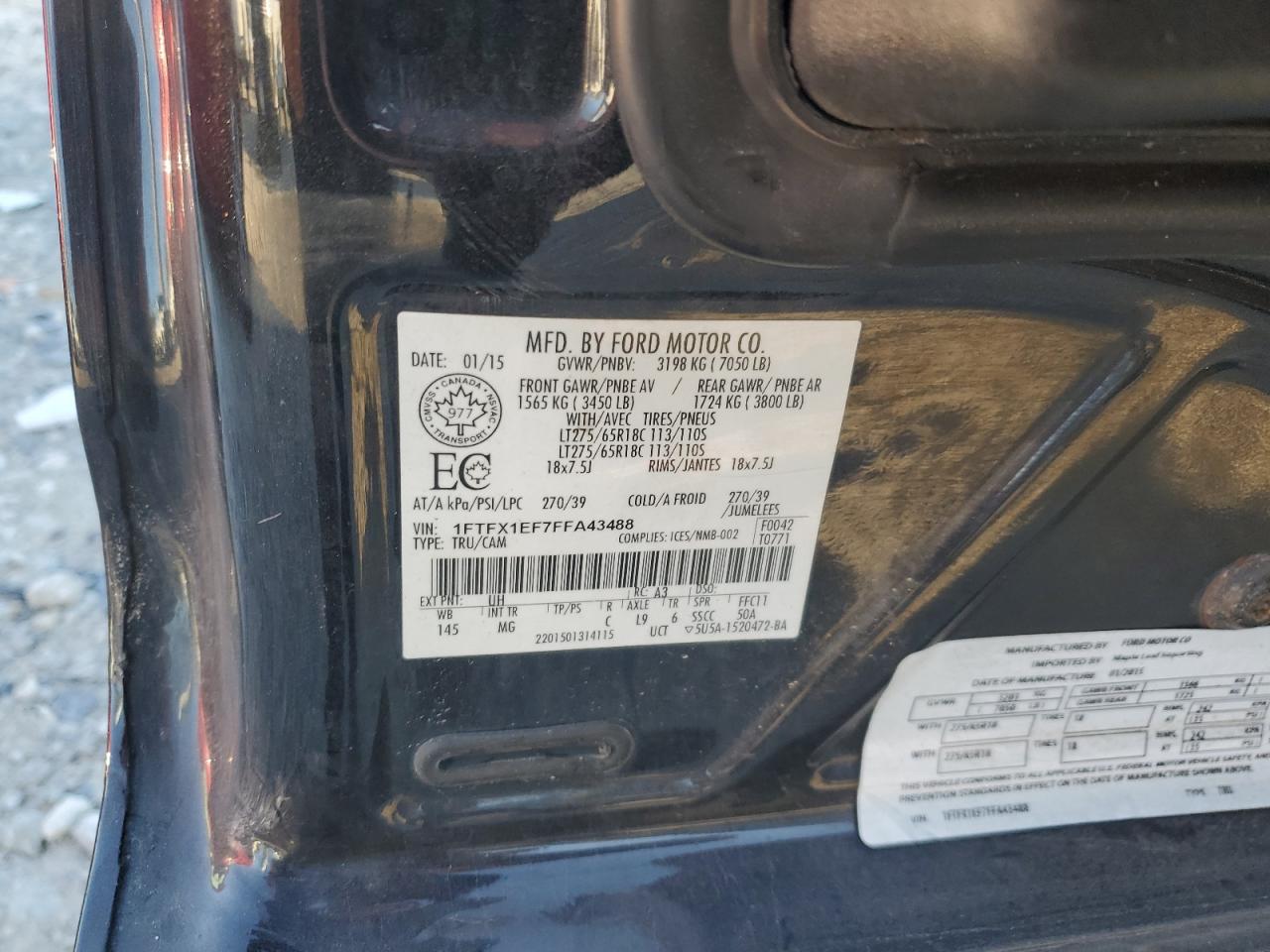 2015 Ford F150 Super Cab VIN: 1FTFX1EF7FFA43488 Lot: 82309975