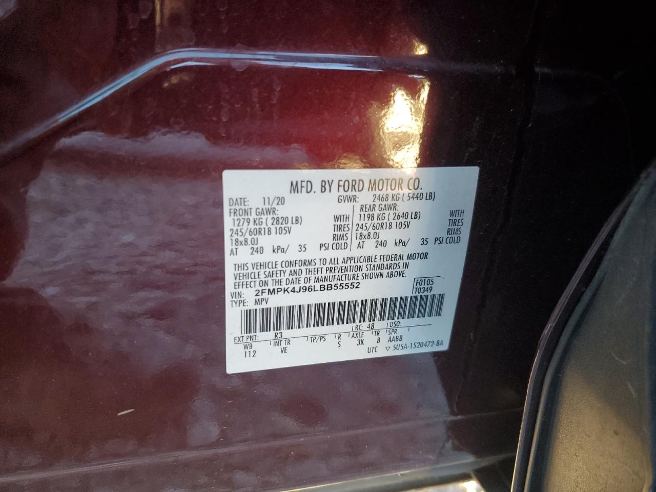 2020 Ford Edge Sel VIN: 2FMPK4J96LBB55552 Lot: 82281925