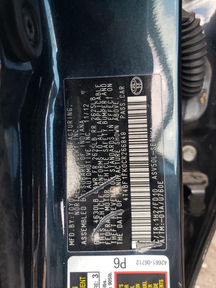 2012 Toyota Camry Base VIN: 4T4BF1FK0CR266848 Lot: 82205665