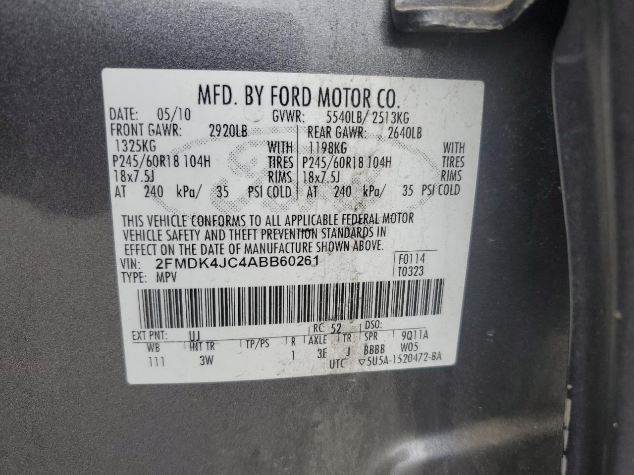 2010 Ford Edge Sel VIN: 2FMDK4JC4ABB60261 Lot: 86290805