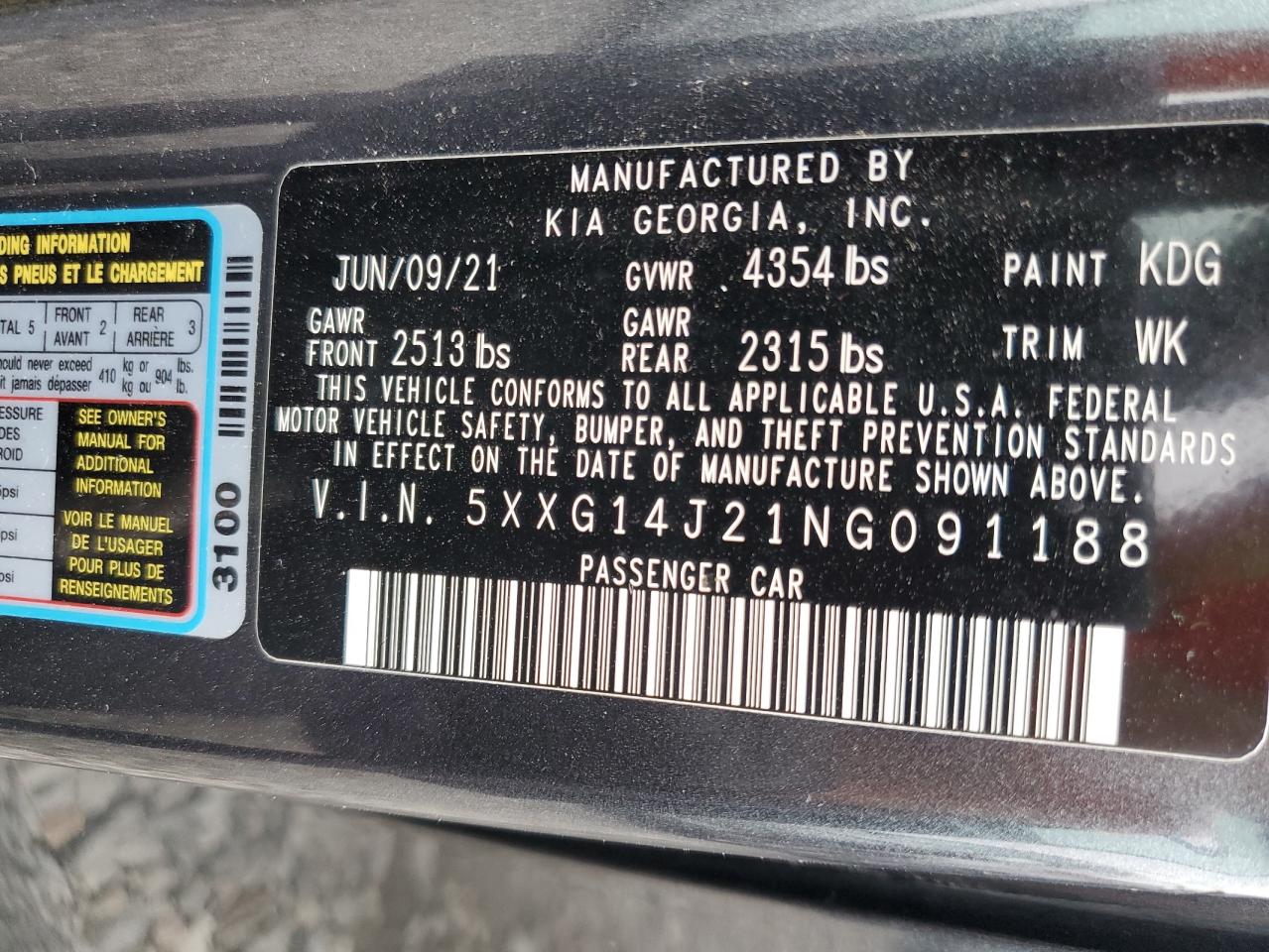 2022 Kia K5 Lxs VIN: 5XXG14J21NG091188 Lot: 82340695