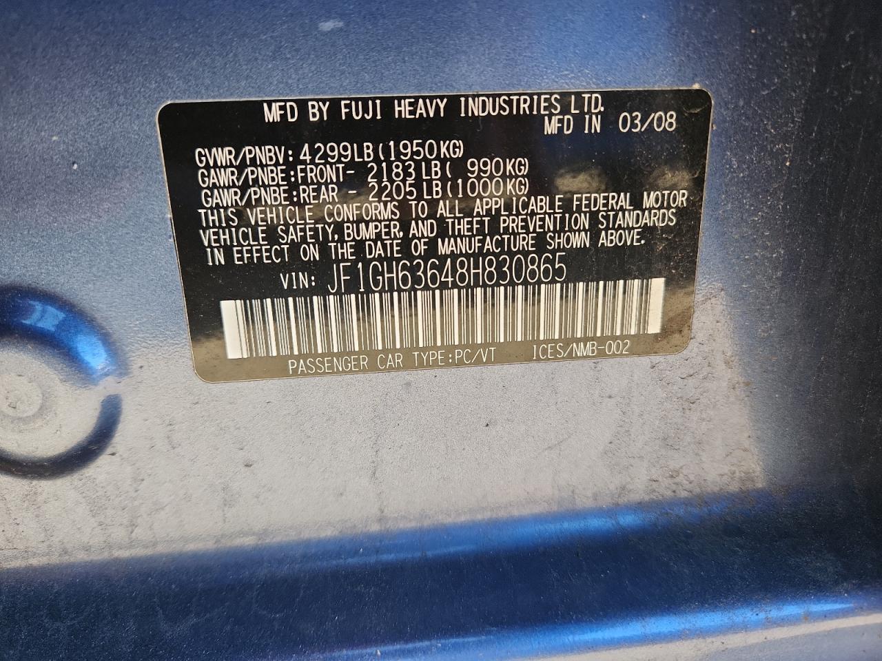 2008 Subaru Impreza Outback Sport VIN: JF1GH63648H830865 Lot: 89852165