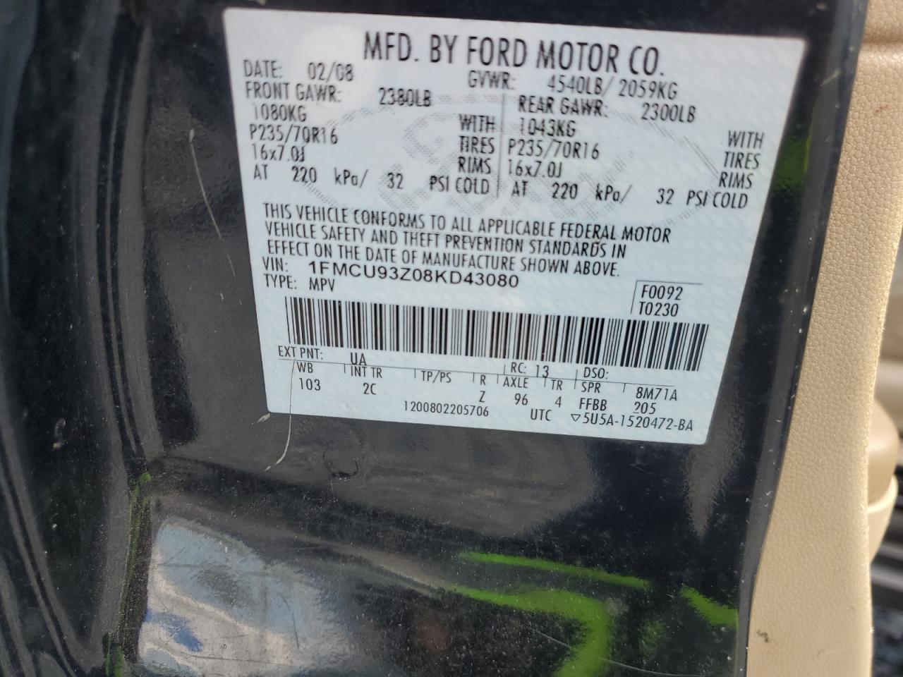 2008 Ford Escape Xlt VIN: 1FMCU93Z08KD43080 Lot: 87092515