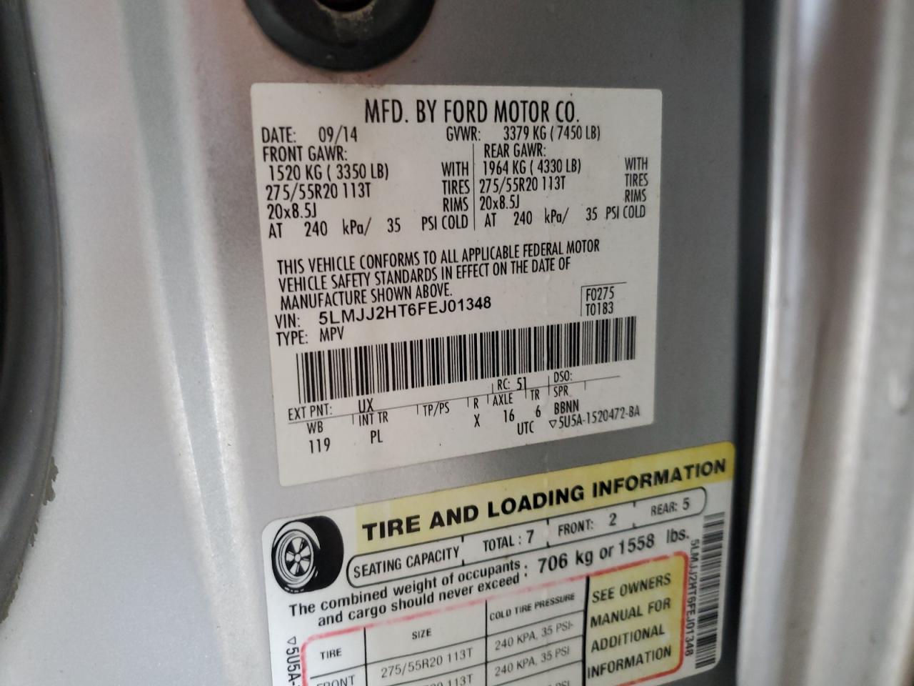 2015 Lincoln Navigator VIN: 5LMJJ2HT6FEJ01348 Lot: 84908005