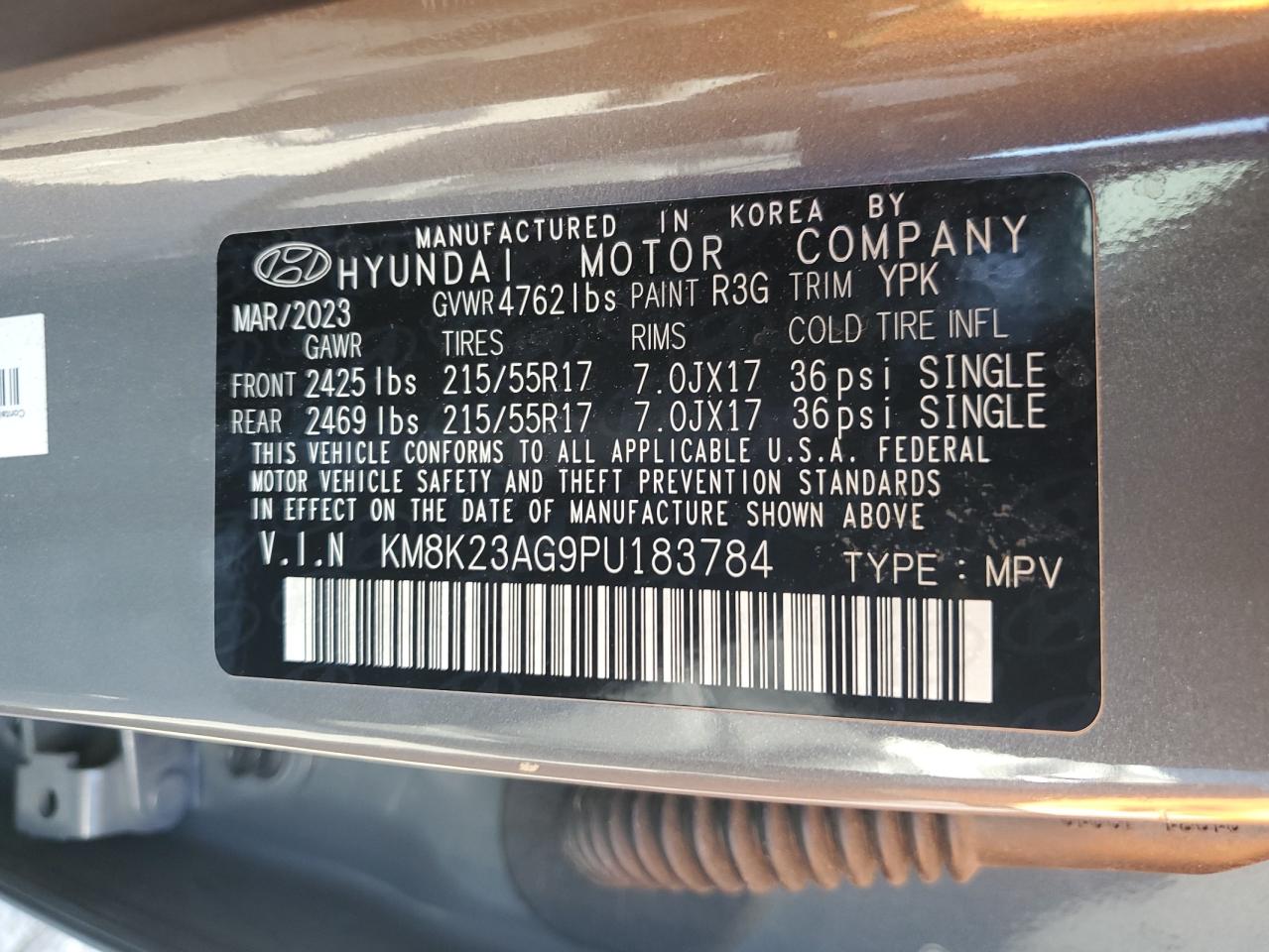 2023 Hyundai Kona Se VIN: KM8K23AG9PU183784 Lot: 84959005