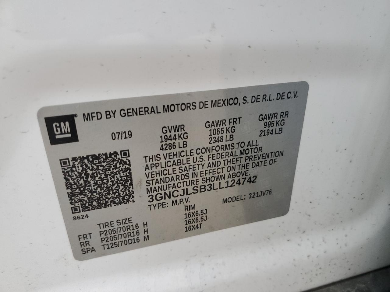 2020 Chevrolet Trax 1Lt VIN: 3GNCJLSB3LL124742 Lot: 86521035