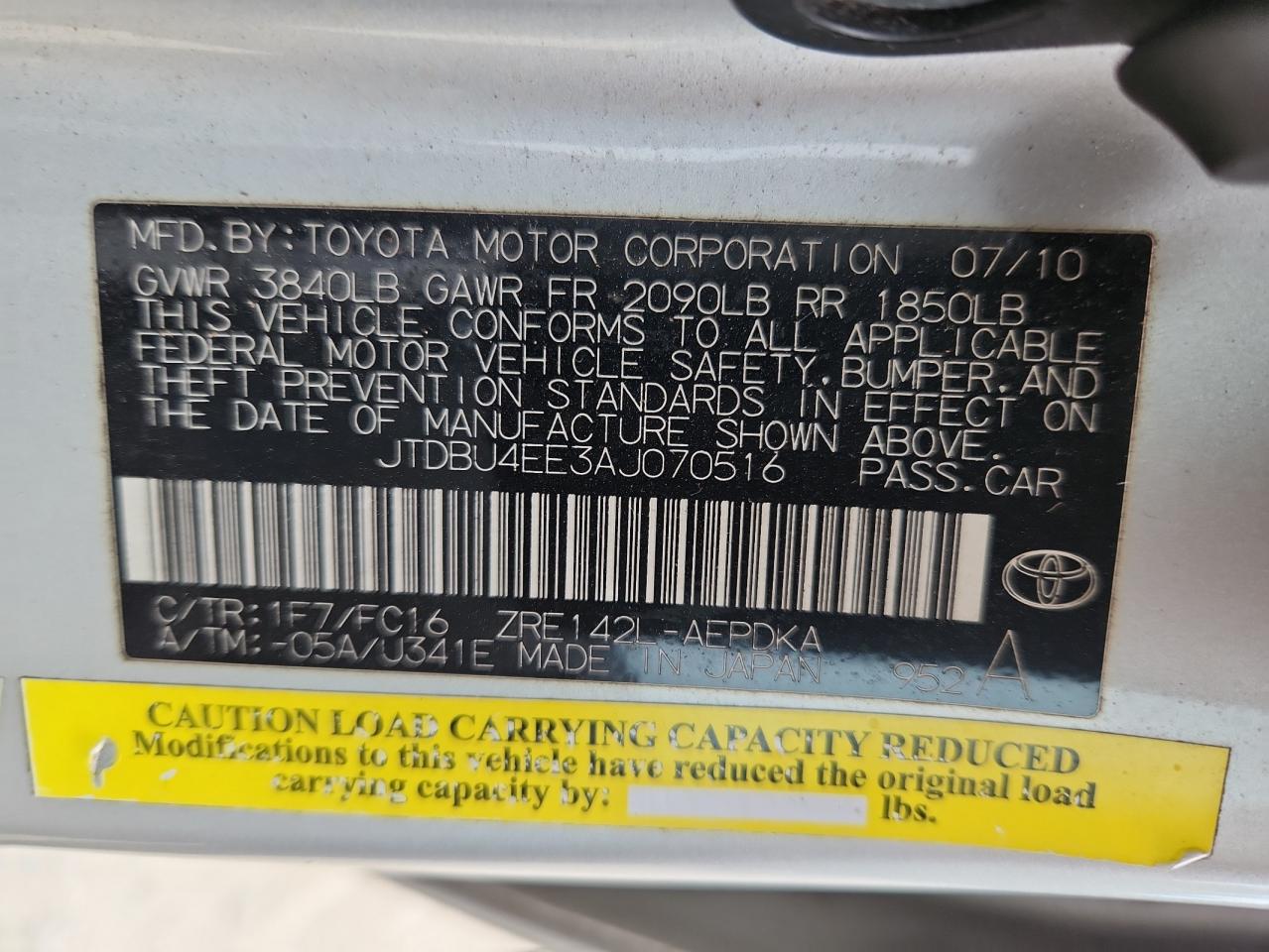 2010 Toyota Corolla Base VIN: JTDBU4EE3AJ070516 Lot: 86159215