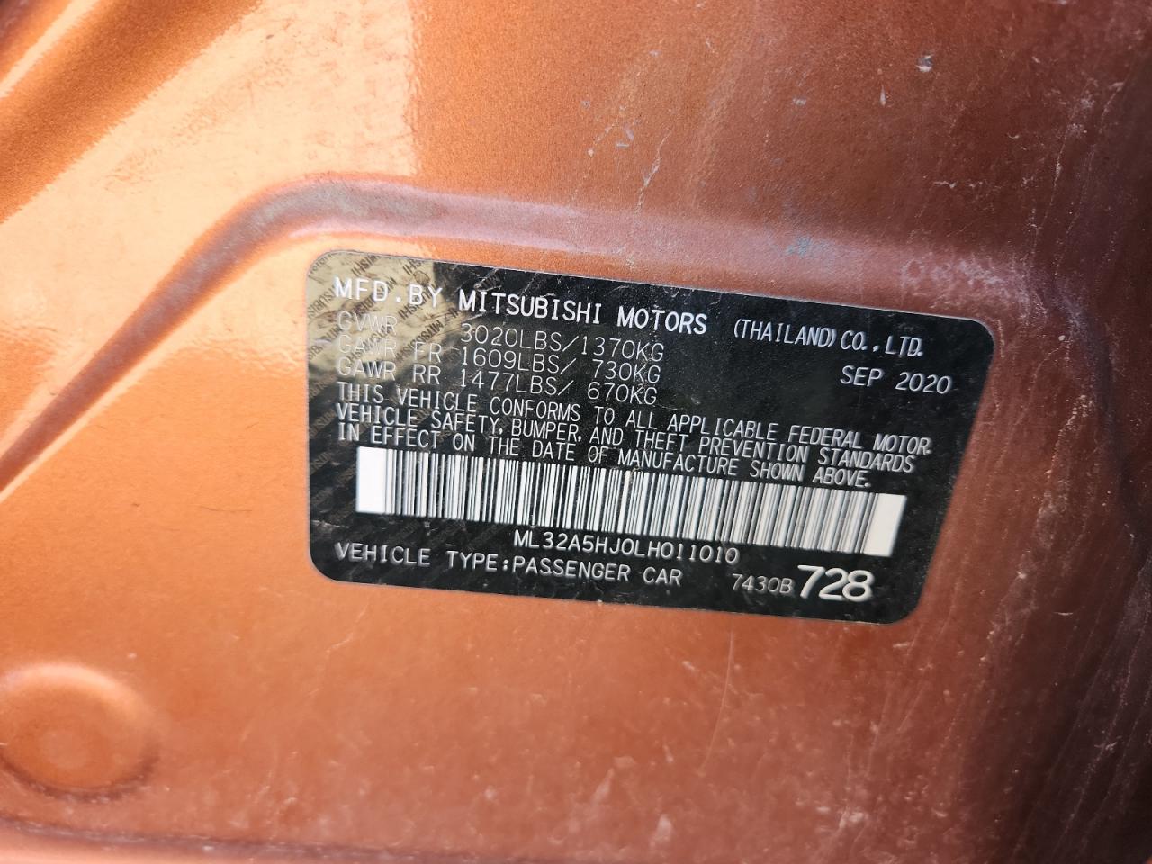2020 Mitsubishi Mirage Le VIN: ML32A5HJ0LH011010 Lot: 85375375