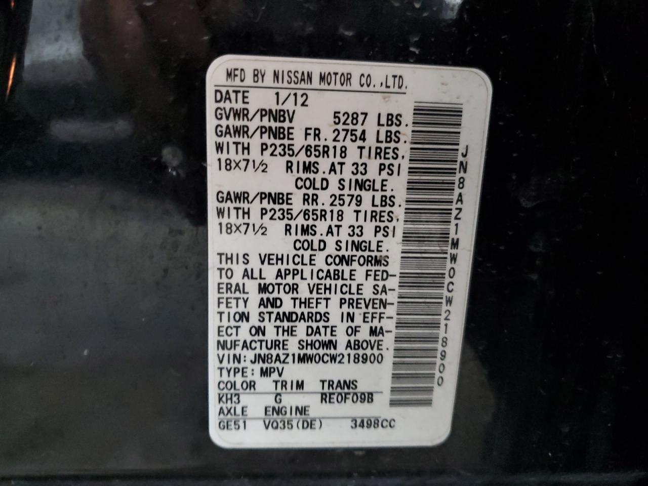 2012 Nissan Murano S VIN: JN8AZ1MW0CW218900 Lot: 85159685
