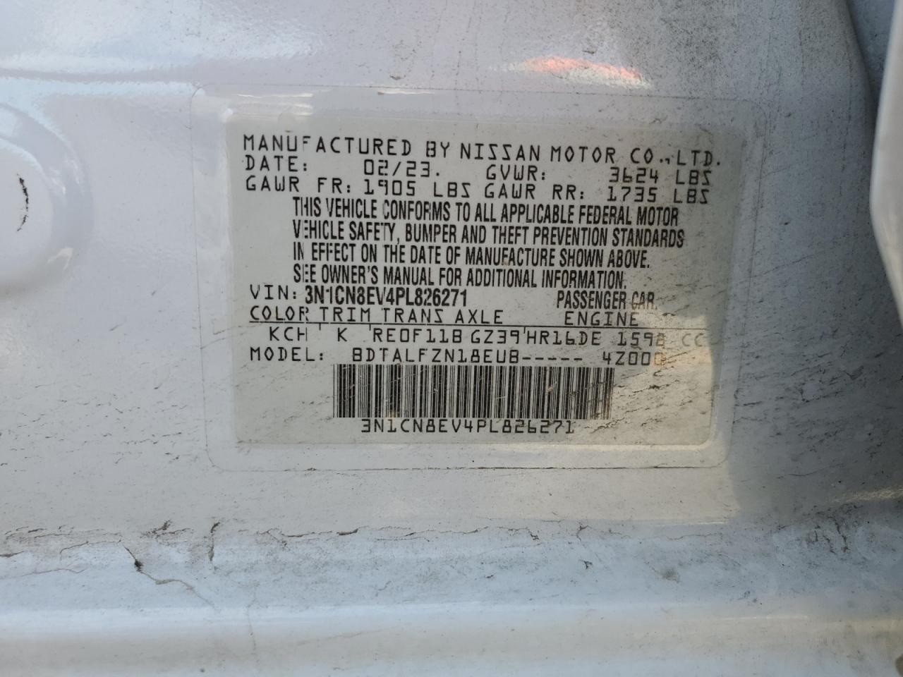 2023 Nissan Versa Sv VIN: 3N1CN8EV4PL826271 Lot: 86124585