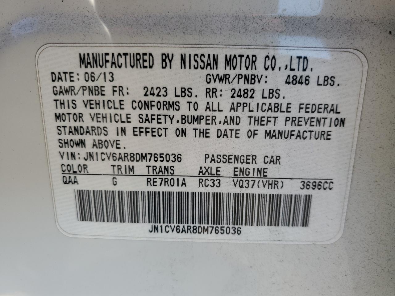 2013 Infiniti G37 VIN: JN1CV6AR8DM765036 Lot: 86785375