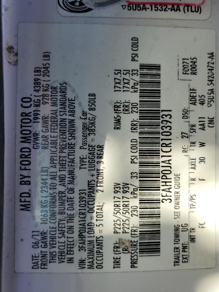 2012 Ford Fusion Sel VIN: 3FAHP0JA1CR103931 Lot: 89883795