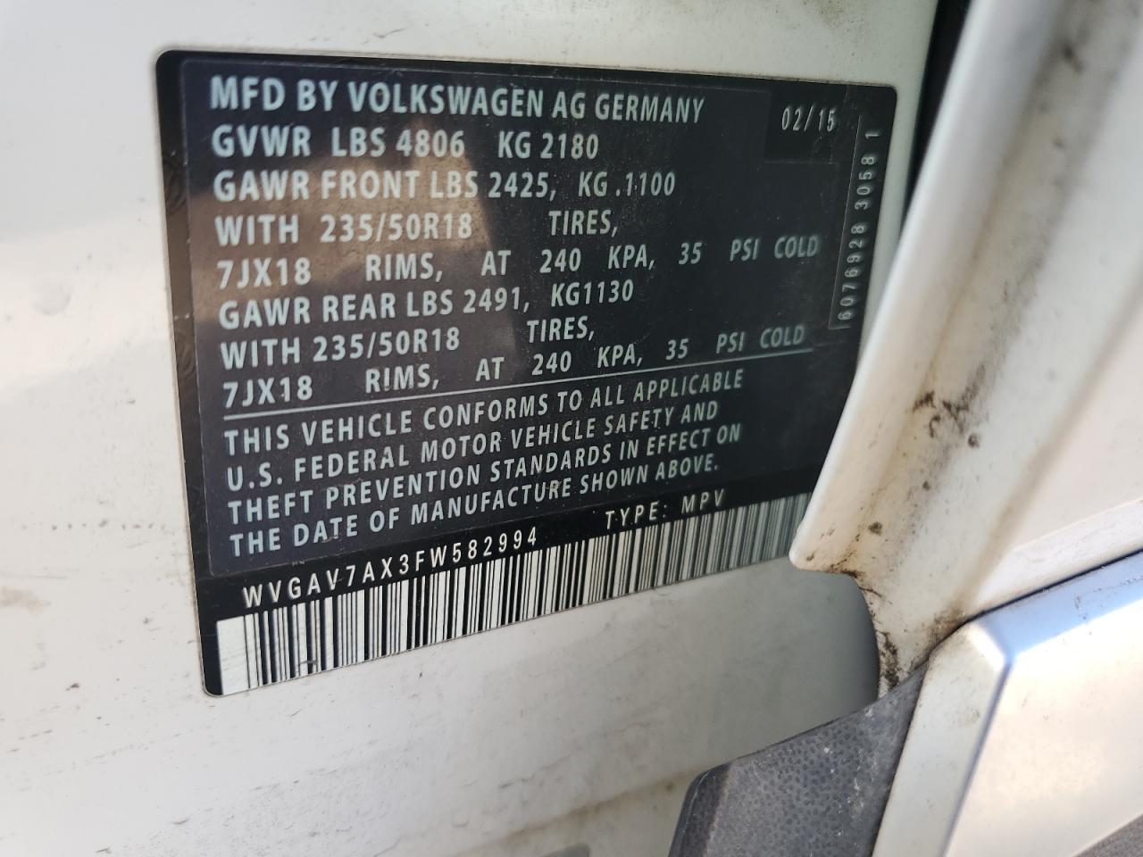 2015 Volkswagen Tiguan S VIN: WVGAV7AX3FW582994 Lot: 81964165