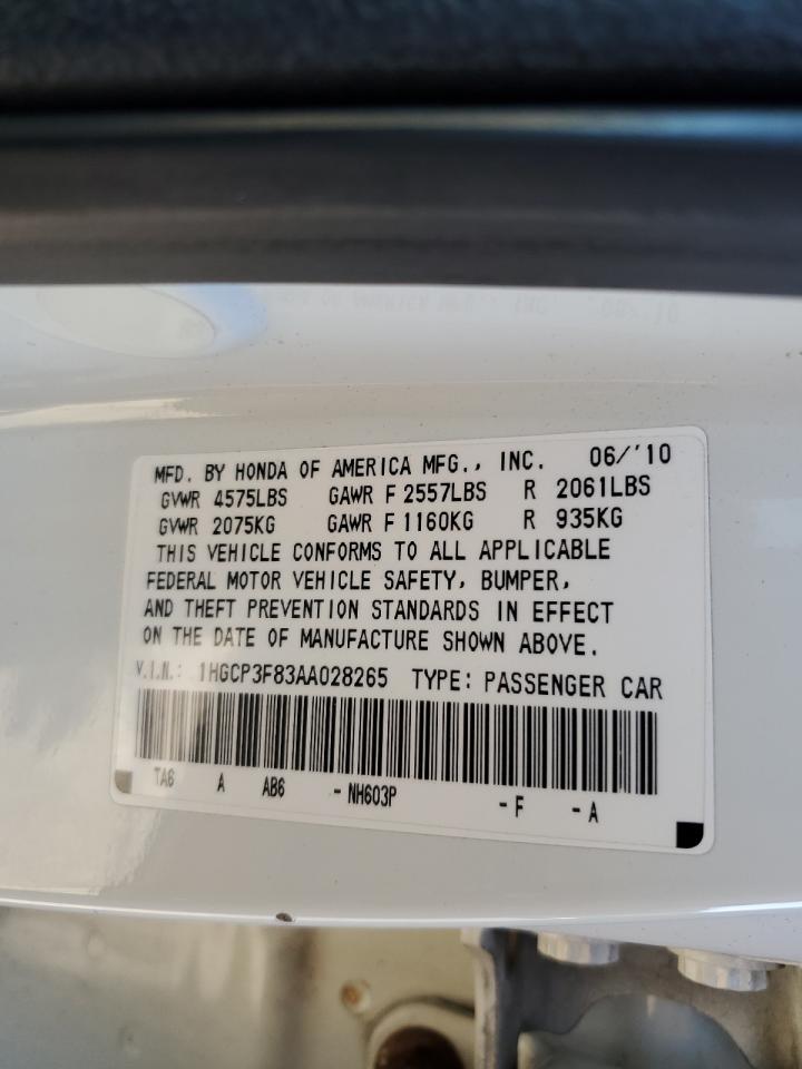2010 Honda Accord Exl VIN: 1HGCP3F83AA028265 Lot: 86136085