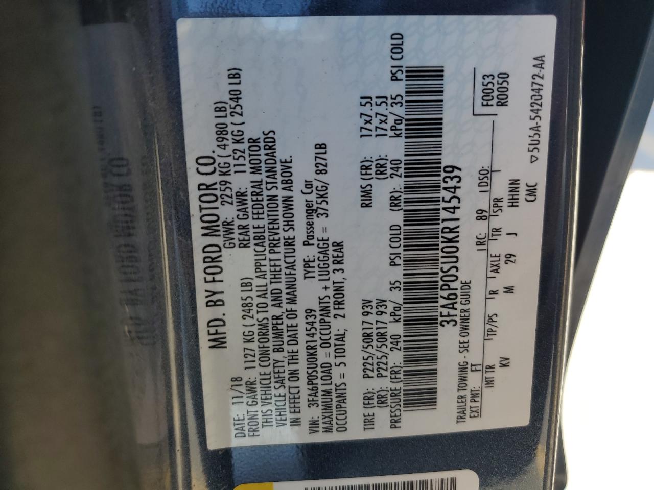 2019 Ford Fusion Titanium VIN: 3FA6P0SU0KR145439 Lot: 90661605