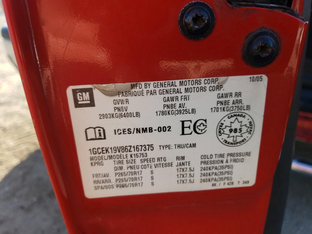 2006 Chevrolet Silverado K1500 VIN: 1GCEK19V86Z167375 Lot: 85141925