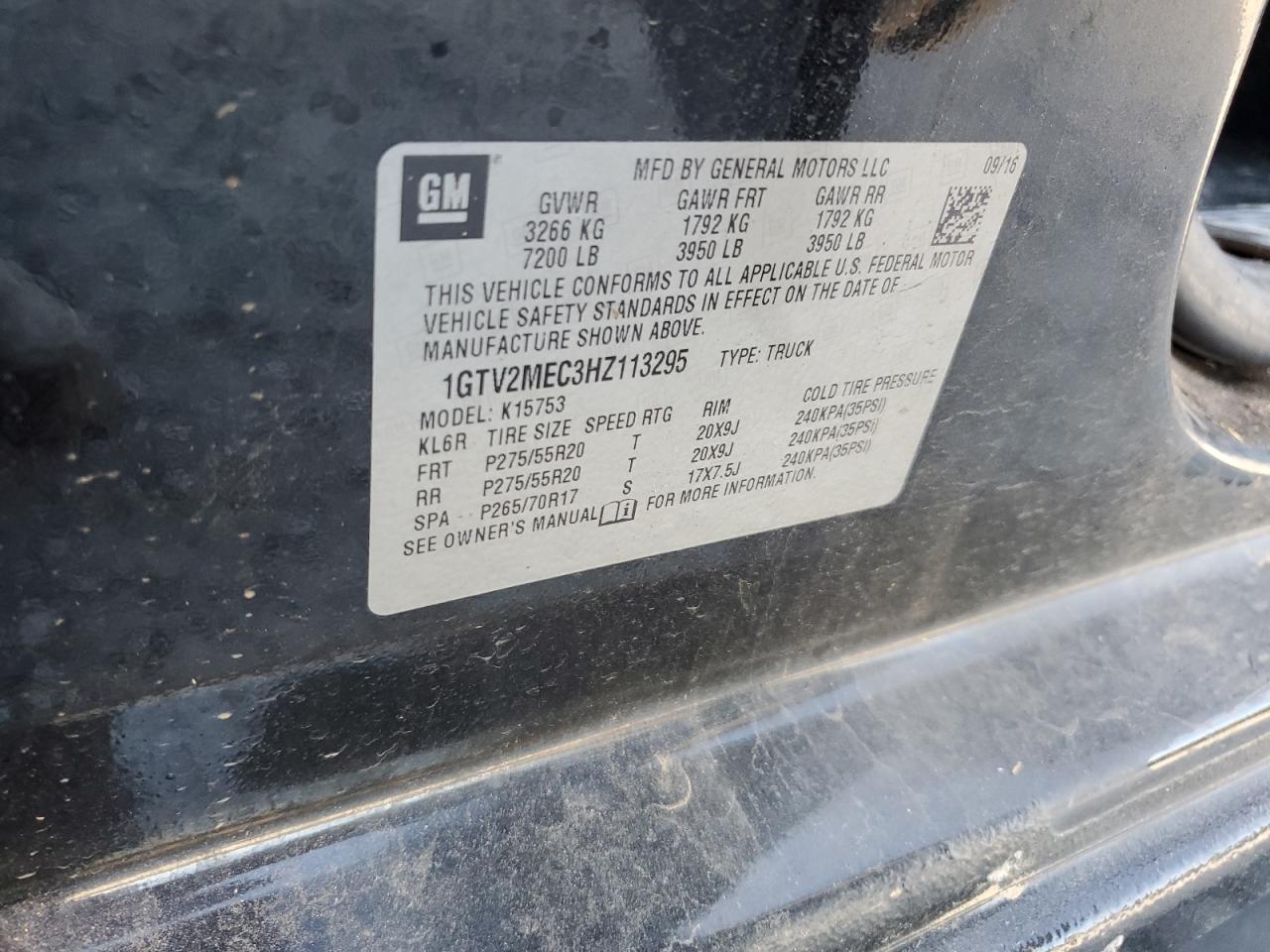 2017 GMC Sierra K1500 Sle VIN: 1GTV2MEC3HZ113295 Lot: 85853075