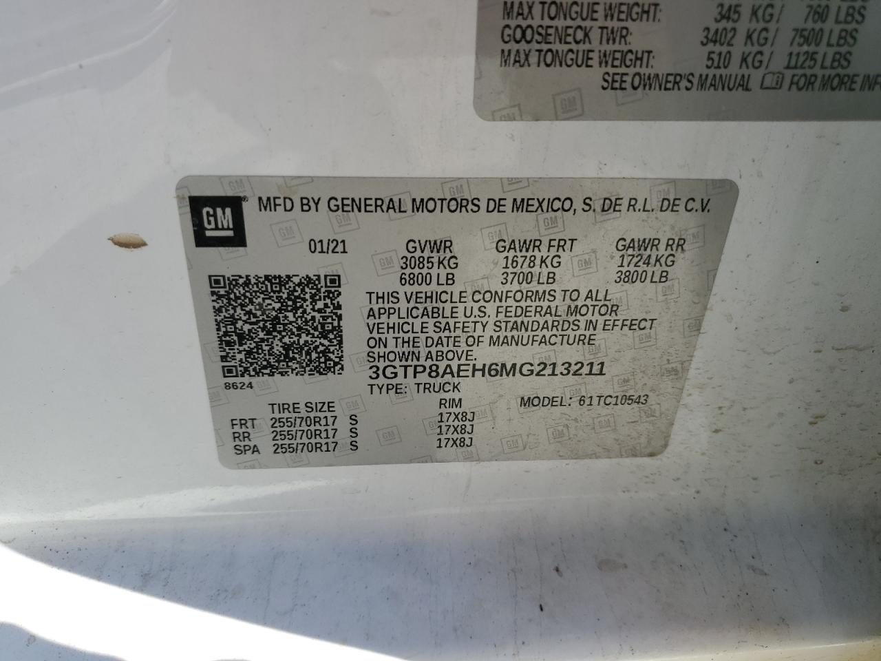 2021 GMC Sierra C1500 VIN: 3GTP8AEH6MG213211 Lot: 90271025