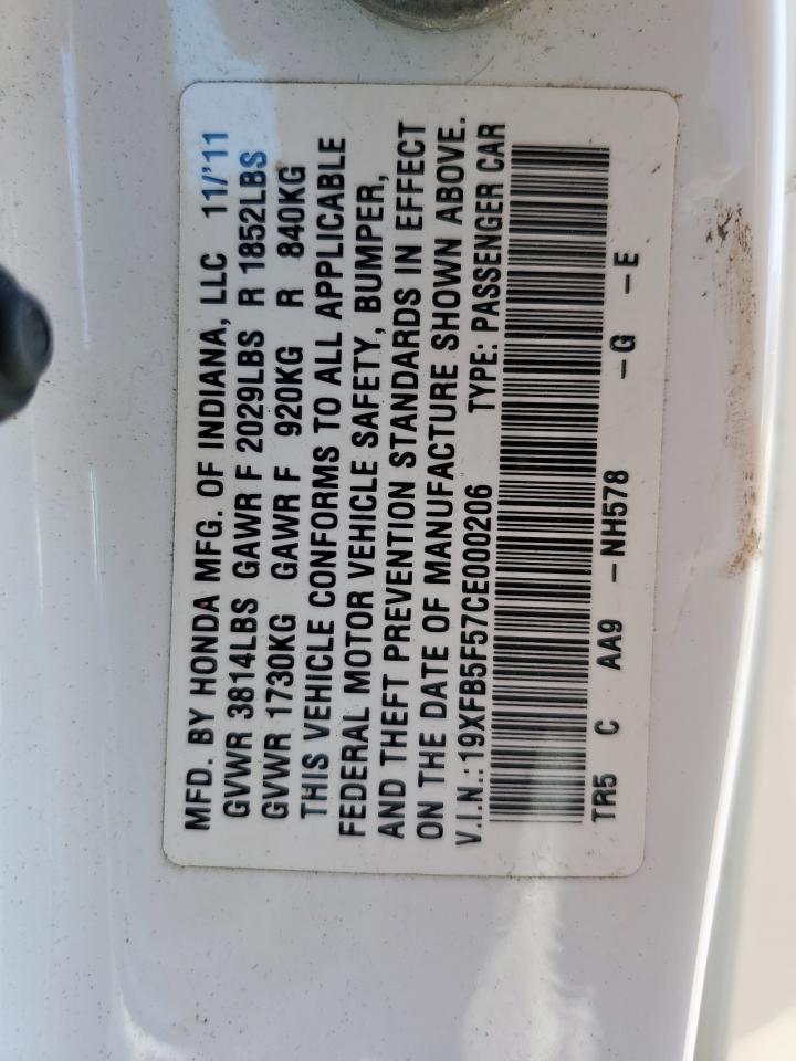 2012 Honda Civic Natural Gas VIN: 19XFB5F57CE000206 Lot: 86138475