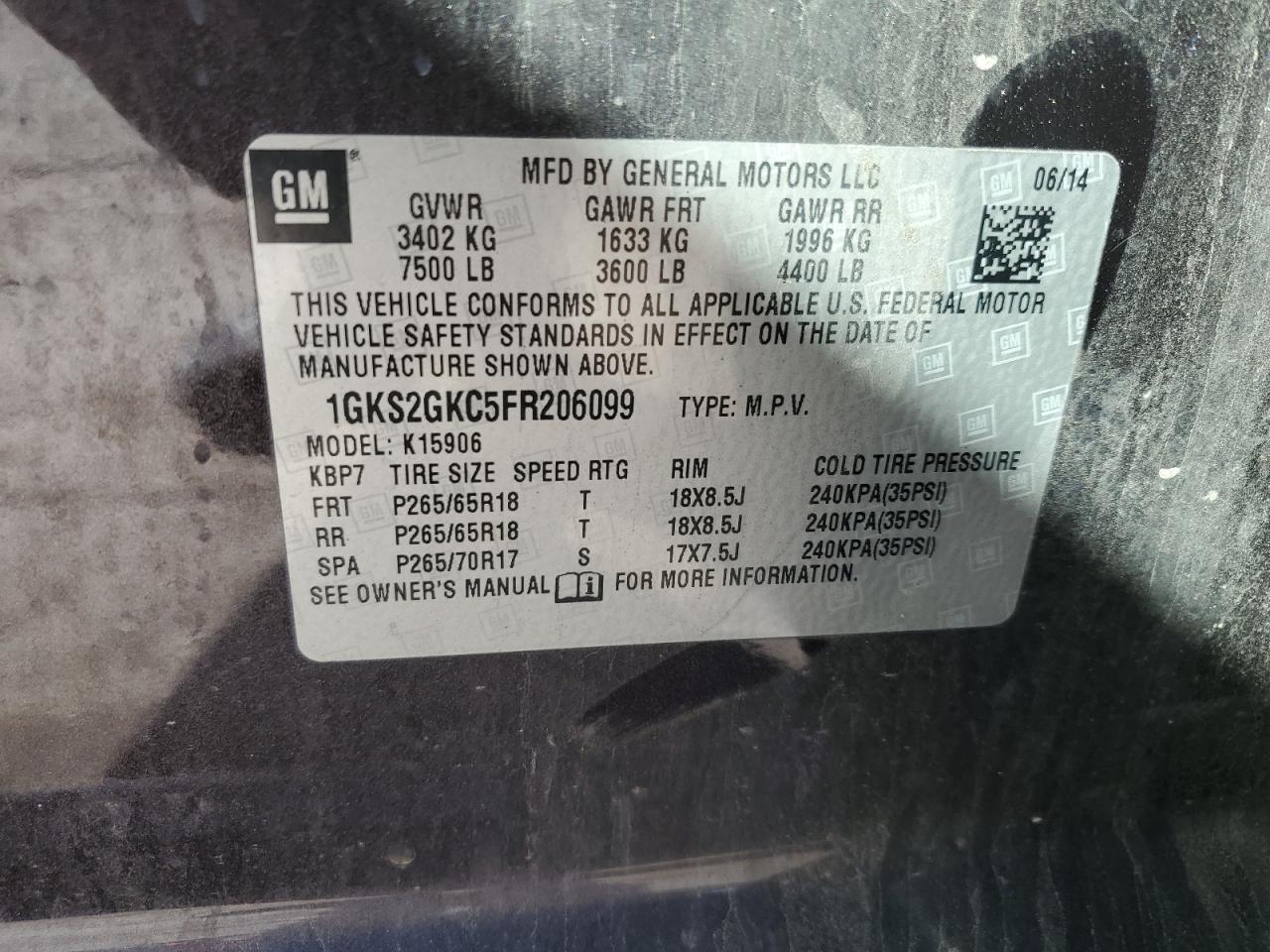 2015 GMC Yukon Xl K1500 Sle VIN: 1GKS2GKC5FR206099 Lot: 84037925