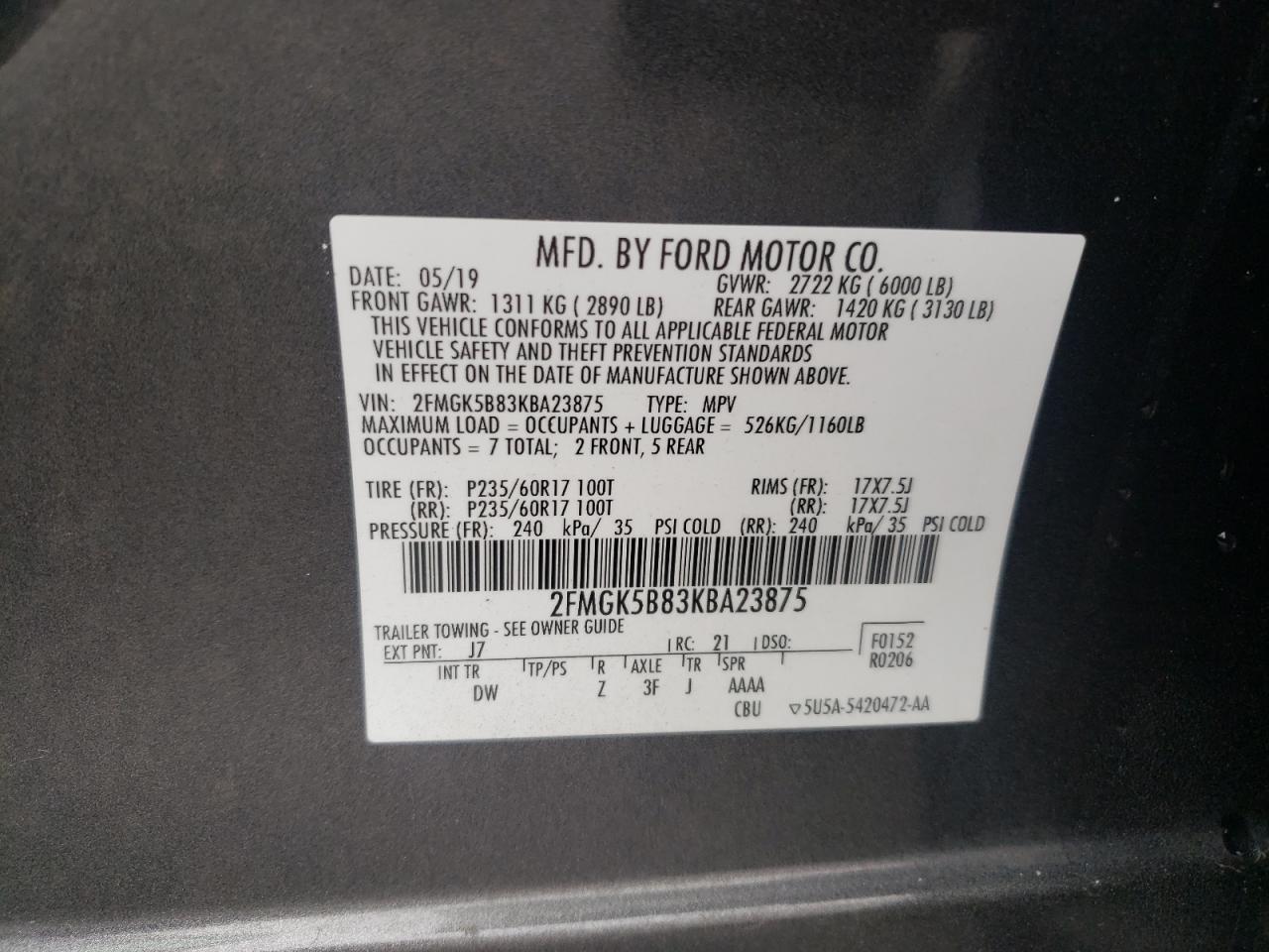 2019 Ford Flex Se VIN: 2FMGK5B83KBA23875 Lot: 90244995