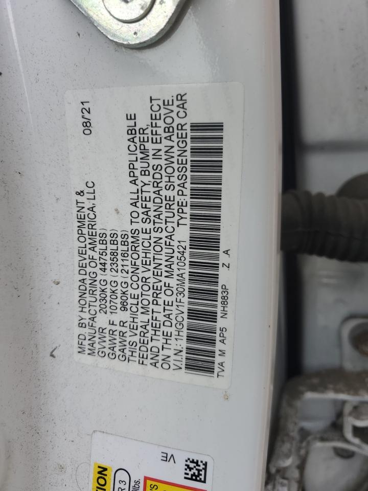 2021 Honda Accord Sport VIN: 1HGCV1F30MA105421 Lot: 86277525