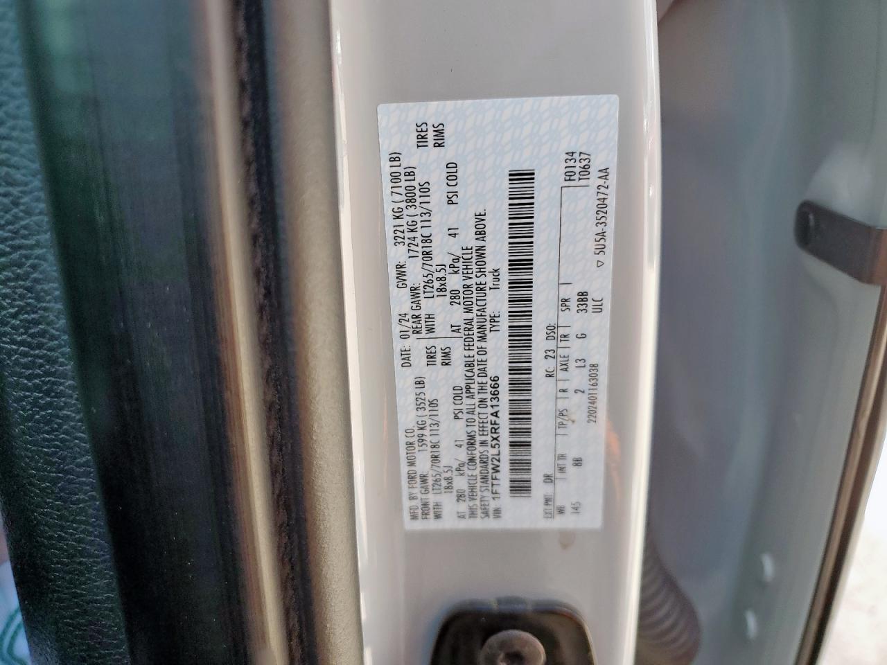 2024 Ford F150 Stx VIN: 1FTFW2L5XRFA13666 Lot: 85682285