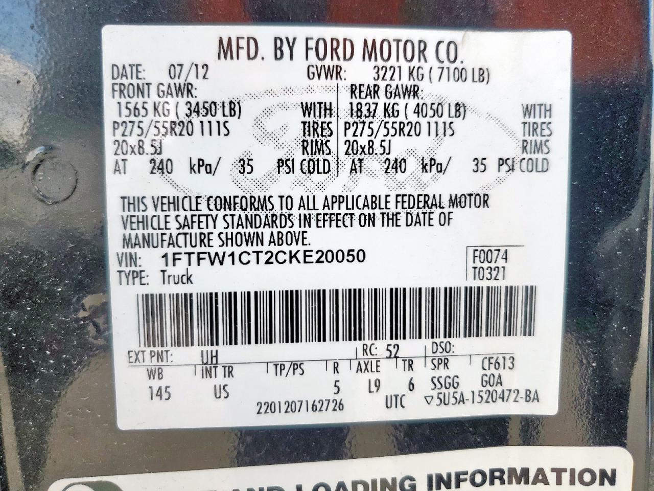 2012 Ford F150 Supercrew VIN: 1FTFW1CT2CKE20050 Lot: 85755515