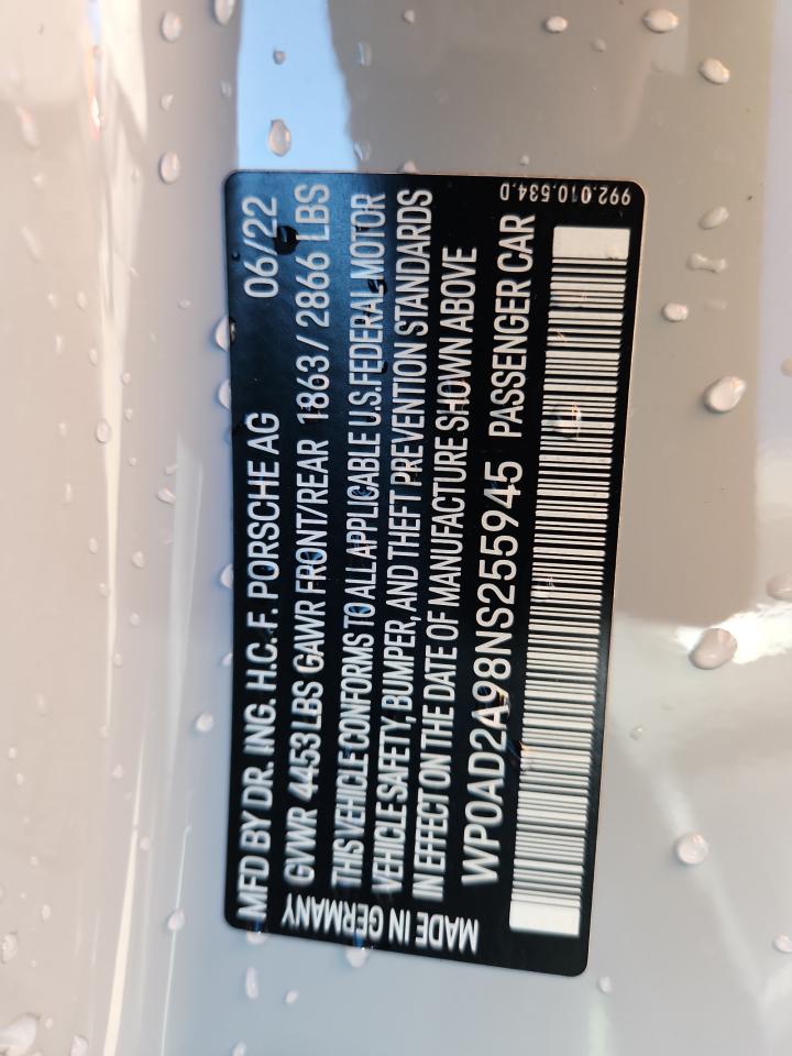 2022 Porsche 911 Turbo VIN: WP0AD2A98NS255945 Lot: 87283675