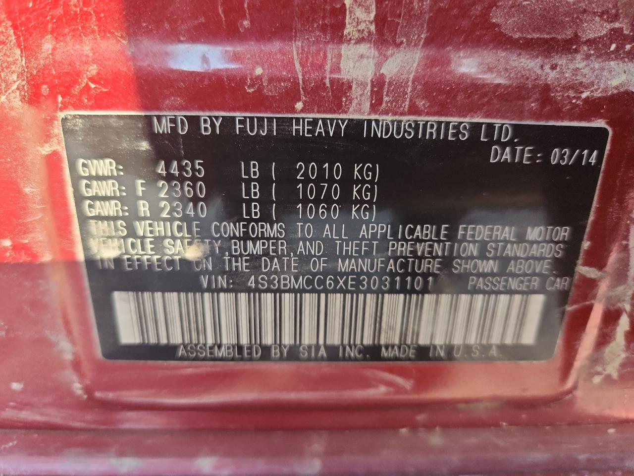 2014 Subaru Legacy 2.5I Premium VIN: 4S3BMCC6XE3031101 Lot: 82173925