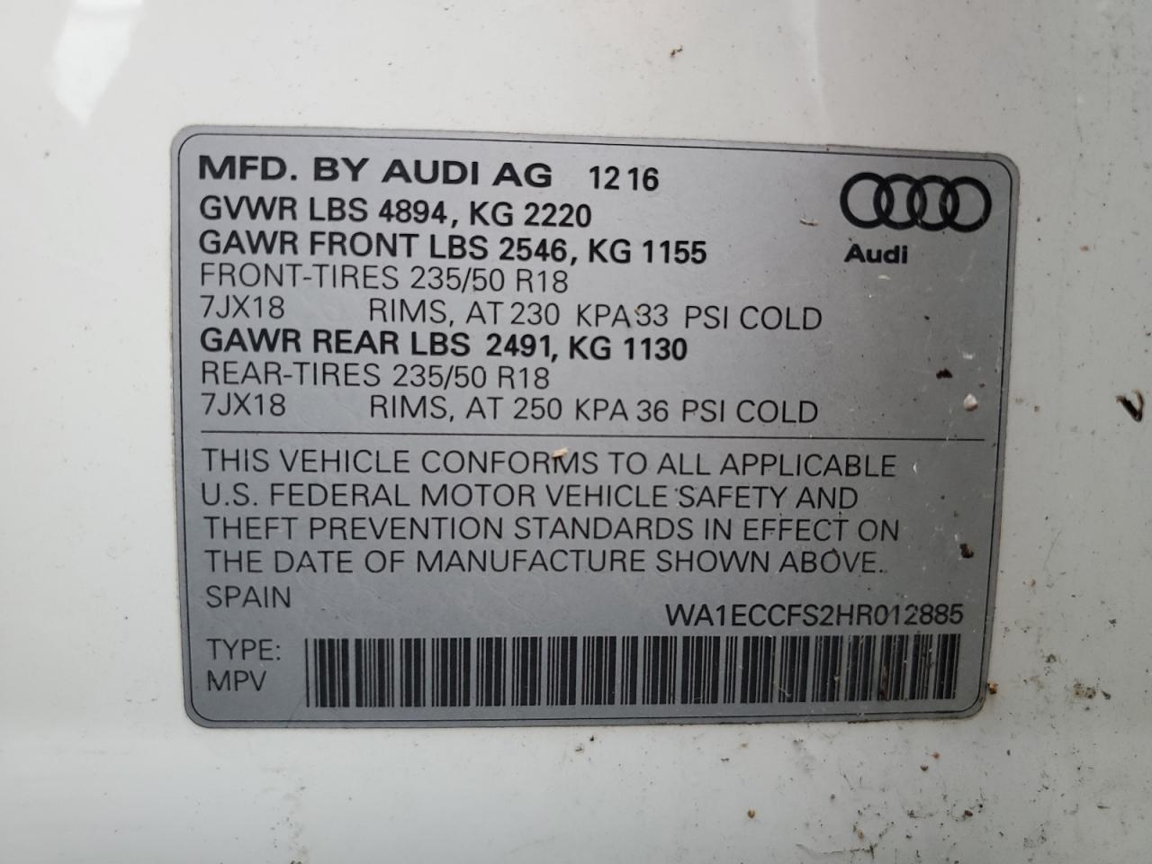 2017 Audi Q3 Premium VIN: WA1ECCFS2HR012885 Lot: 89858775
