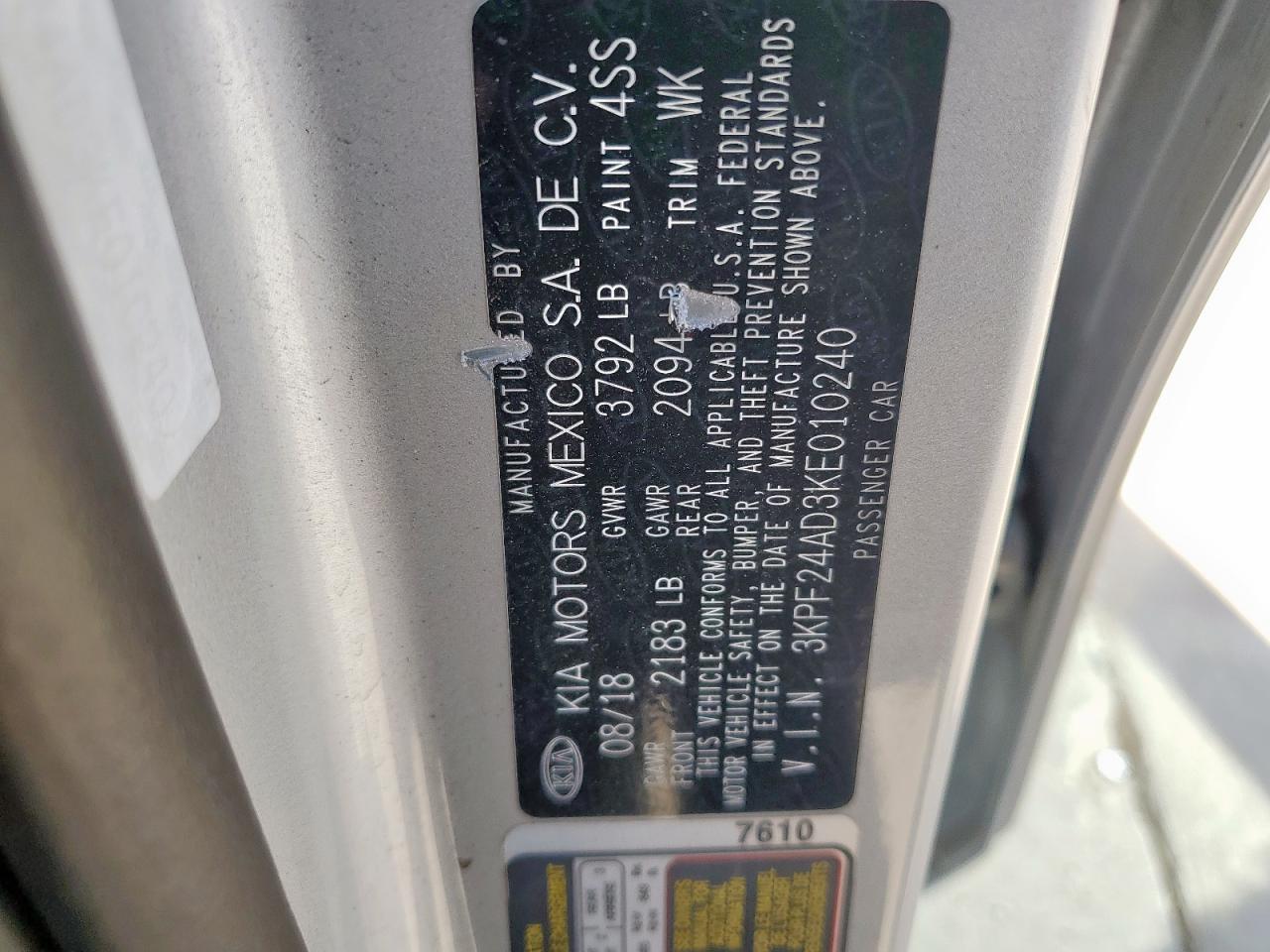 2019 Kia Forte Fe VIN: 3KPF24AD3KE010240 Lot: 85782575