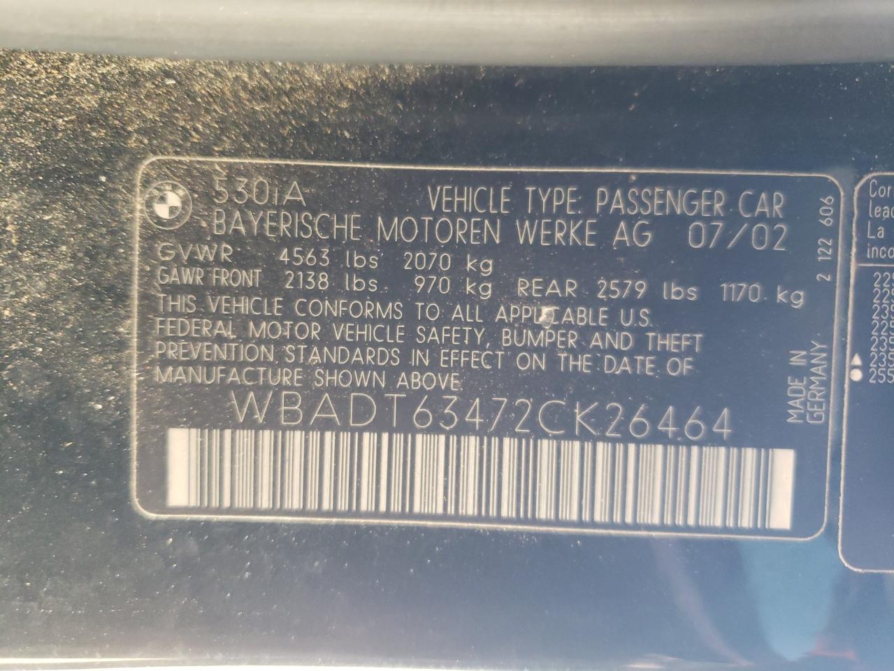 2002 BMW 530 I Automatic VIN: WBADT63472CK26464 Lot: 86222365