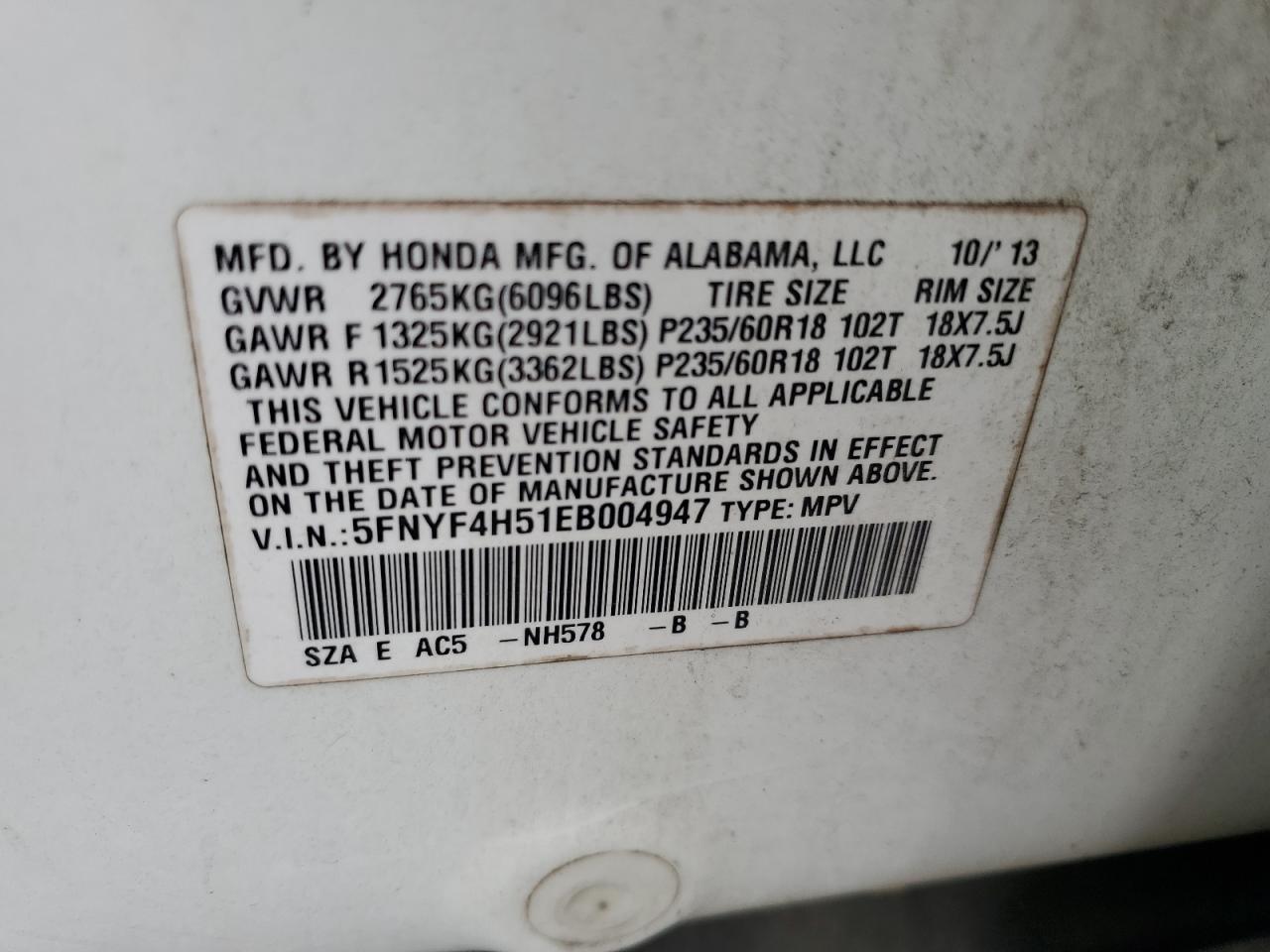 2014 Honda Pilot VIN: 5FNYF4H51EB004947 Lot: 82362025