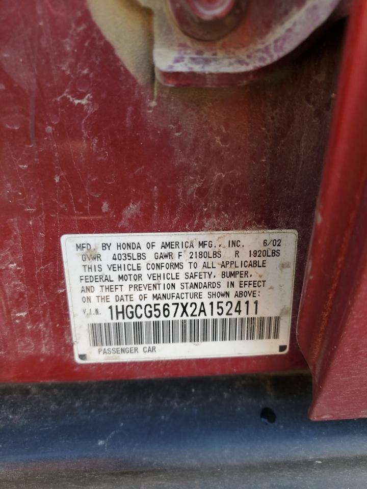 2002 Honda Accord Se VIN: 1HGCG567X2A152411 Lot: 85844395