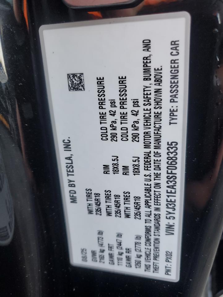 2025 Tesla Model 3 VIN: 5YJ3E1EA3SF068335 Lot: 87263285