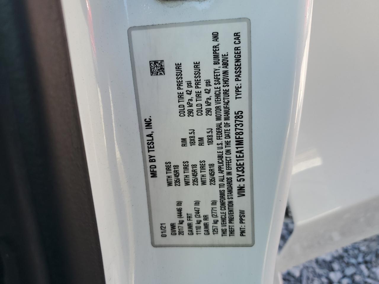 2021 Tesla Model 3 VIN: 5YJ3E1EA1MF873785 Lot: 86153115