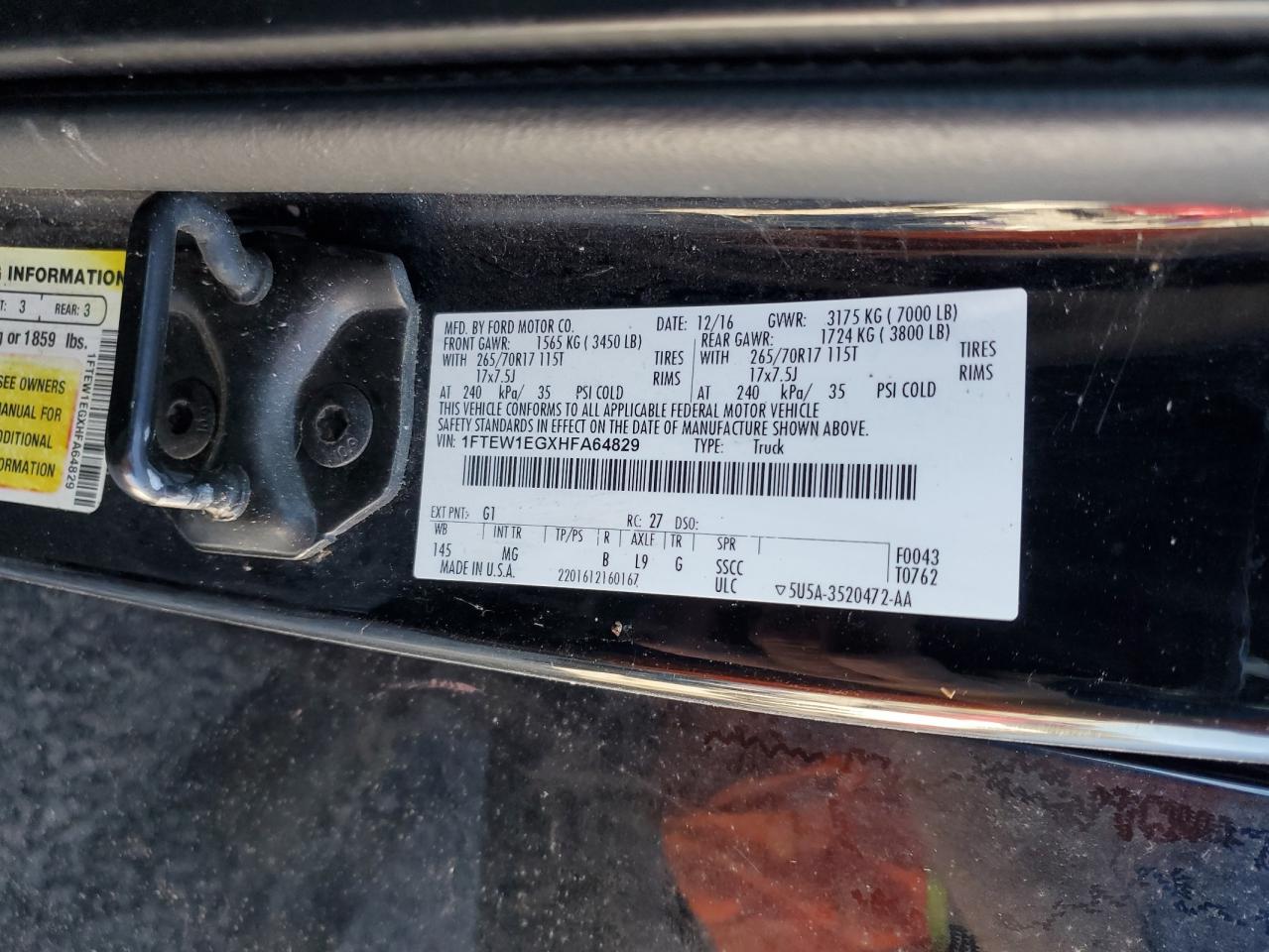 2017 Ford F150 Supercrew VIN: 1FTEW1EGXHFA64829 Lot: 81965565