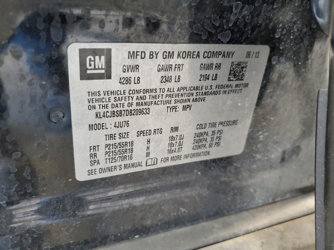 2013 Buick Encore Convenience VIN: KL4CJBSB7DB209633 Lot: 87288495