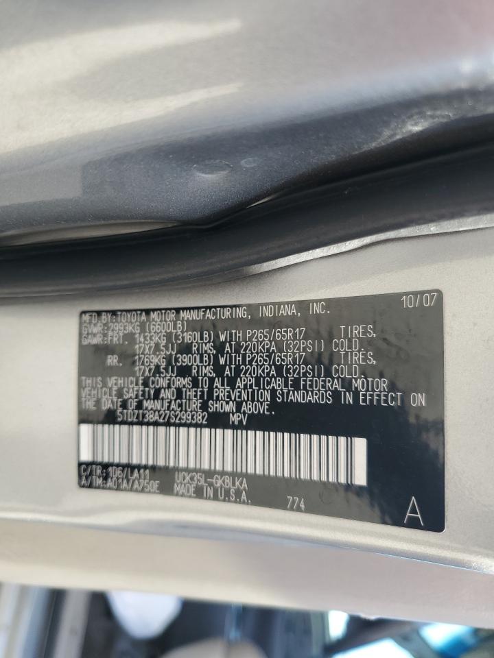 2007 Toyota Sequoia Limited VIN: 5TDZT38A27S299382 Lot: 89667945