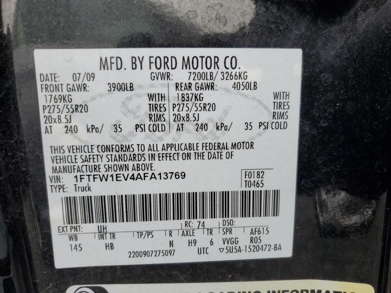 2010 Ford F150 Supercrew VIN: 1FTFW1EV4AFA13769 Lot: 87019665